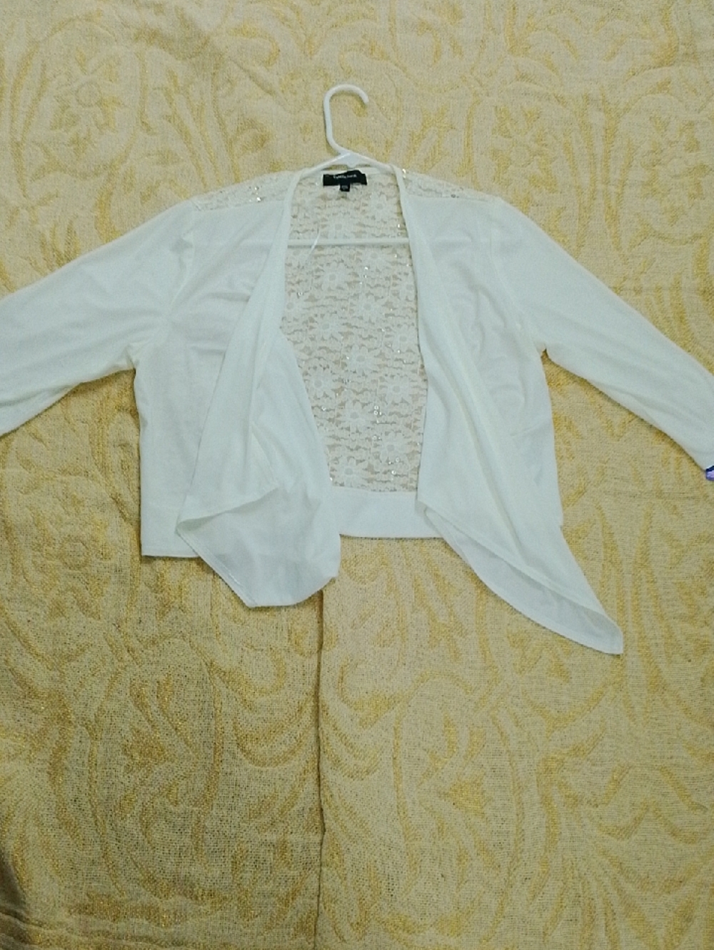 R&M Richards White Lace-Back Draped Open Cardigan